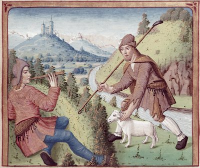 498 f.3v Tityrus女士遇见了Meliboeus，来自Virgil的Eclogues和Servius的评论，1469 作者 法语学校