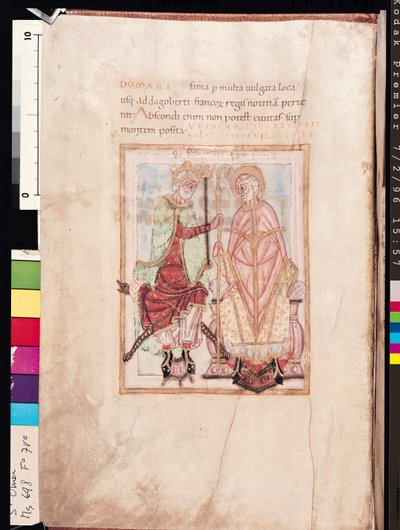 698 f.7v Dagobert I女士（609-39），弗兰克斯之王投资St. Audomarus Omer（dc669）Therouanne的主教，作为637年Pas-de-Calais的传教主教，来自圣奥梅尔生活 作者 法语学校