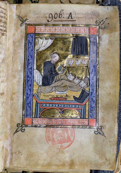 753 Fol.9 Monk女士在他的床上写作，来自Guillaume de Tournai的Flores Bernardi 作者 法语学校