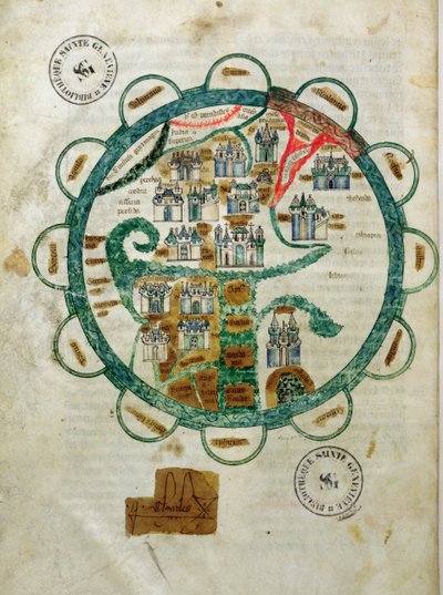 Ms 782 fol.16v。地球形式的世界地图，微型从Grandes Chroniques de Philippe le Hardi 作者 法语学校