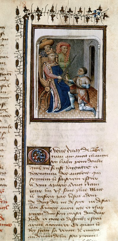 814 f.125r Bertrand du Guesclin女士（1320-80）被国王封为爵士，来自Du Guesclin的历史 作者 法语学校