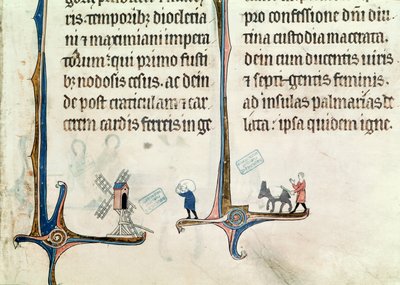Ms 838 fol.55一名男子驾驶他的驴子携带小麦袋到风车，来自Obitaire de Notre Dame de Pres，1270年后 作者 法语学校