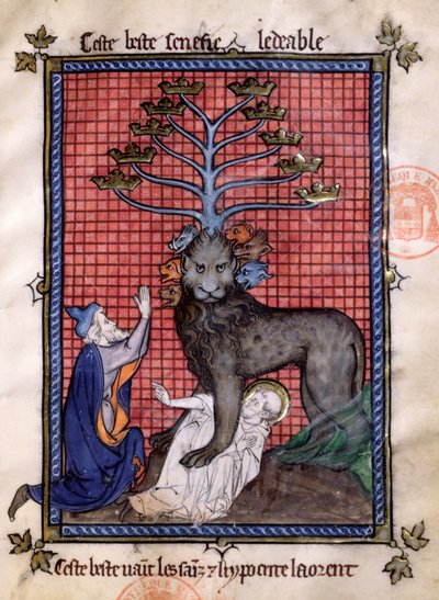 Ms 870 Fol.8天启的七头野兽由一个伪君子和一个圣徒击中，由La Somme le Roy由Frere Laurent拍摄，由Maitre Honore照亮 作者 法语学校