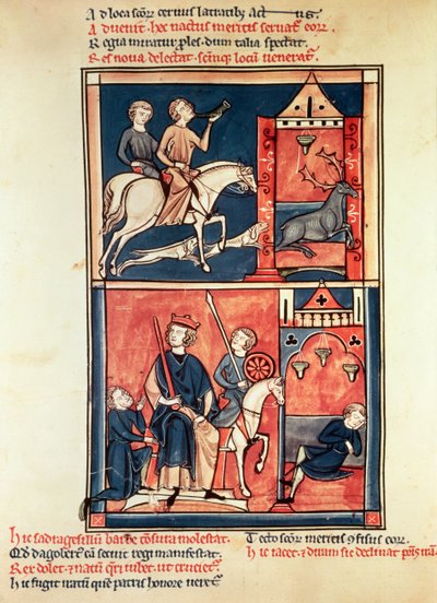 1098年女士一个雄鹿狩猎和一个国王，可能是Dagobert I（632-39）在他的宝座上，来自圣丹尼斯的生命和奇迹 作者 法语学校