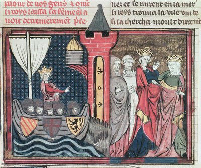Fr 22495 Fol.101 Baldwin I穿越约旦河并放弃他的妻子，来自Le Roman de Godefroi de Bouillon，1337 作者 法语学校