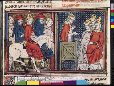 Dr 22495 Fol.15 Clermont委员会和教皇城市II的到来（c.1035-99）在法国，来自Le Roman de Godefroi de Bouillon，1337 作者 法语学校