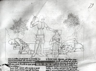 Fr 343 f.79女士在战场上武装骑士，来自Lancelot du Lac 作者 法语学校