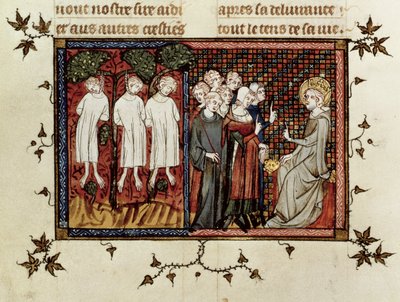 女士5716 fol.246圣路易斯宣布判决并谴责Enguerrand de Coucy（1228-1311）悬挂三名年轻贵族，来自圣路易斯的生活和奇迹，c.1330-40 作者 法语学校
