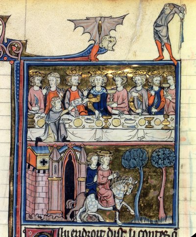女士亚瑟王及其骑士团围绕桌子，来自lHistoire de Merlin，c.1280-90 作者 法语学校