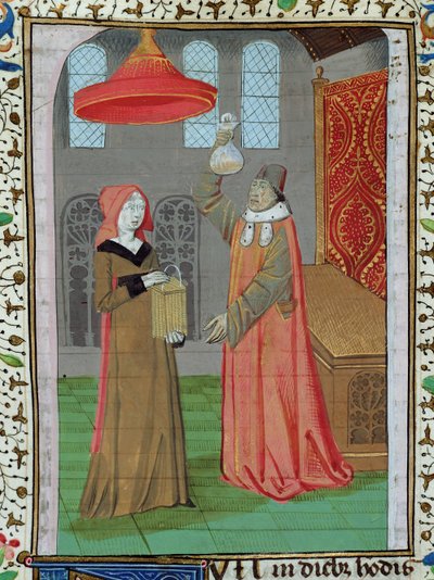 H 7 fol.164r女士从Jean XXII的圣经中检查圣伊丽莎白的尿液以确定她是否怀孕 作者 法语学校
