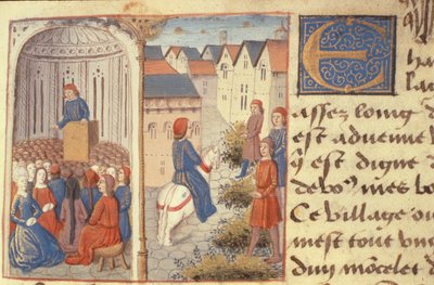 亨特女士252 f.183r街道上的讲座和匆匆忙忙，来自Les Cent Nouvelles Nouvelles，1462 作者 法语学校