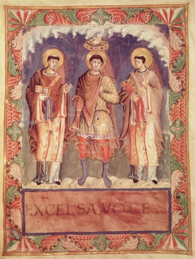 Lat 1141 fol.2v查理二世加冕仪式（823-877）与来自Sacrementaire de Metz的Reims和Treves大主教（另见159999） 作者 法语学校