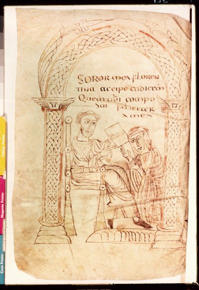 MS 13396 fol.1r伊西多罗提供他的工作给他的妹妹佛罗伦萨，从旧约和新约对犹太人的由塞维尔（c.560-636）c.800的伊西多尔信心 作者 法语学校