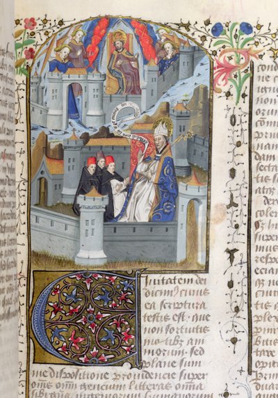 Lat 592 f.127耶路撒冷和巴比伦女士，来自圣奥古斯丁的La Cite de Dieu 作者 法语学校