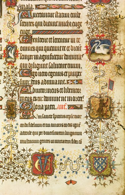 Ms Lat 919 fol.96 纹章和动物装饰的细节，出自《圣彼得引领让-德-法兰西（1340-1416）贝里公爵进入天堂》，出自《贝里公爵的大事件》。 作者 法语学校