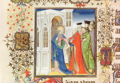 Lat 919女士fol.96圣彼得领导Jean de France（1340-1416）Berry公爵进入天堂，来自Grandes Heures de Duc de Berry，1409（另见159985和30908） 作者 法语学校