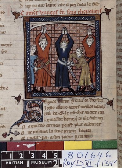 罗伊 20 D XI 号女士 fol.134v 《维维安和其他人宣誓》，选自《纪尧姆-德奥朗日香颂》（牛皮纸） 作者 法语学校