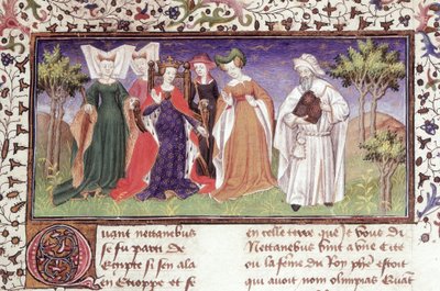 Ms Royal 20 B.XX fol.7 Olympias with Nectanebus，选自伪卡利斯提尼的《Le Vraye Histoire du Bon Roy Alixandre》，15 世纪早期（牛皮纸）。 作者 法语学校