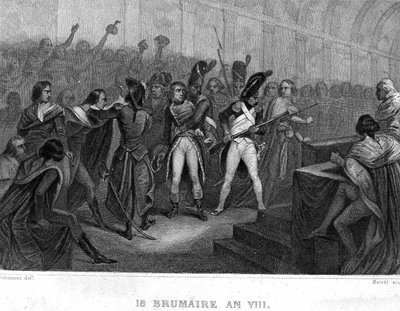拿破仑-波拿巴于18 Brumaire year VIII (1799)在Saint Cloud的五分钱议会大厅（500人的房间）发动政变--载于Thiers的 "Revolution francaise"。19世纪 作者 法语学校