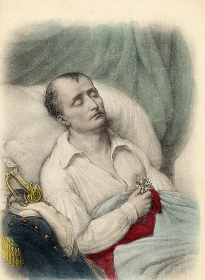 拿破仑一世在他的死亡床上举行了他的心脏十字架，圣赫勒拿，1821年（彩色光刻） 作者 法语学校