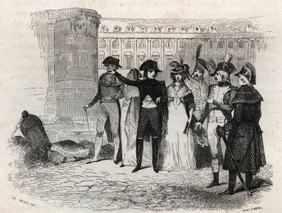 拿破仑与塔利安夫人(Madame Tallien)(1773年-1835年)在巴黎旺多姆广场散步--《巴黎大道》中的雕刻。古老和现代的巴黎：起源、历史、古迹、服装、道德、纪事 作者 法语学校