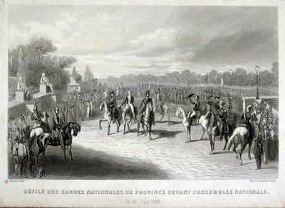 国民警卫队士兵保护巴黎的国民议会。法国1848年革命期间的雕刻作品（雕刻）。 作者 法语学校