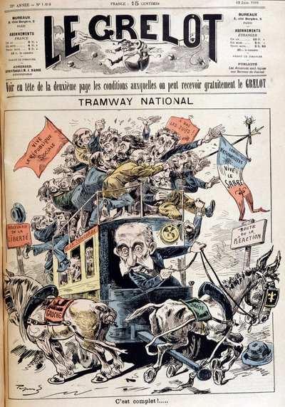National tram: France discarded between the ideas of left and right, caricature about the Meline government - in “” Le Grelot”” of 12/06/1898 作者 法语学校