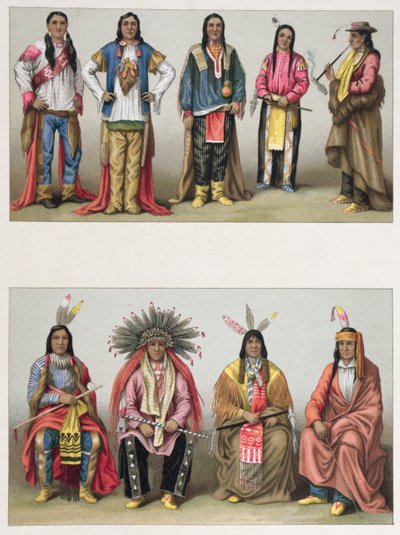 来自密西西比盆地和科罗拉多州的美洲原住民，来自A. Racinet的Le Costume Historique的插图，于1888年在巴黎出版 作者 法语学校