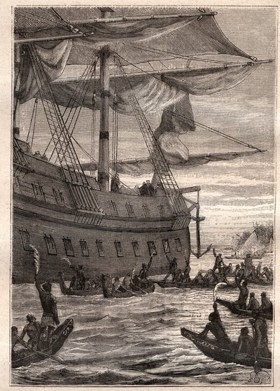土著人手拿香蕉树枝：塞缪尔·沃利斯 (Samuel Wallis) 到波利尼西亚的航行 (1728-1795) - 土著人拿着香蕉树枝作为欢迎的问候 - 插图取自“18 世纪的伟大航海者” 作者 法语学校