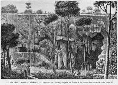 新喀里多尼亚，松树岛，Toupogeum of Toupo，经过被驱逐出境的钢笔画，插图来自公告Les Missions Catholiques，1893 作者 法语学校