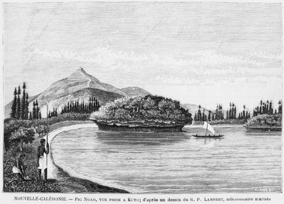 新喀里多尼亚，松树岛，从Kuto看到的Pic Nga，经过牧师父亲Lambert的绘画，一位Marist传教士，插图来自公告Les Missions Catholiques，1893 作者 French School