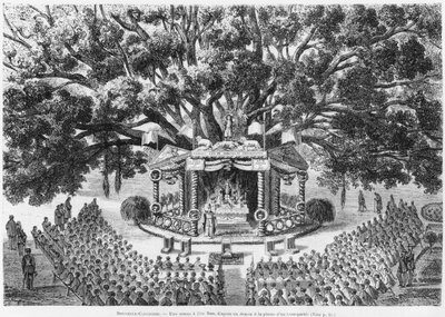 新喀里多尼亚，在1875年的公告Les Missions Catholiques的插图中绘制了一幅运输的钢笔和墨水后，在Nou岛上庆祝弥撒 作者 法语学校