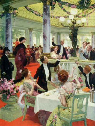 新年前夜在一家餐馆，来自La Vie Heureuse杂志的插图，1912年12月15日 作者 法语学校