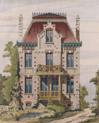 Villers sur mer，诺曼底的诺曼别墅，1883年Moniteur des architectes的插图（彩色雕刻） 作者 法语学校