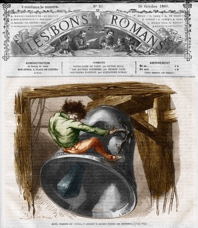 小说系列。"巴黎圣母院"，维克多-雨果（1802-1885）著。钟楼上的卡西莫多。"美好的浪漫 "中的雕版画 作者 法语学校