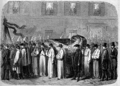 让-巴蒂斯特（乔瓦尼-巴蒂斯塔）-尼科利尼（1782-1861）的遗体，1861年9月21日：在意大利佛罗伦萨（Firenze）的街道上，运送这位意大利诗人遗体的葬礼车队。10月5日《世界画报》第234期上的版画 作者 法语学校
