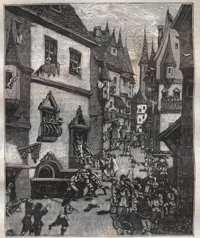 On 20 May 1636 eight counterfeiters were arrested in rue Champfleuri by two police commissioners accompanied by a dozen sergeants - in “Paris a travers les siecles”” by Nicolas Jules Henri Gourdon de Genouillac (1826-1898) 作者 法语学校