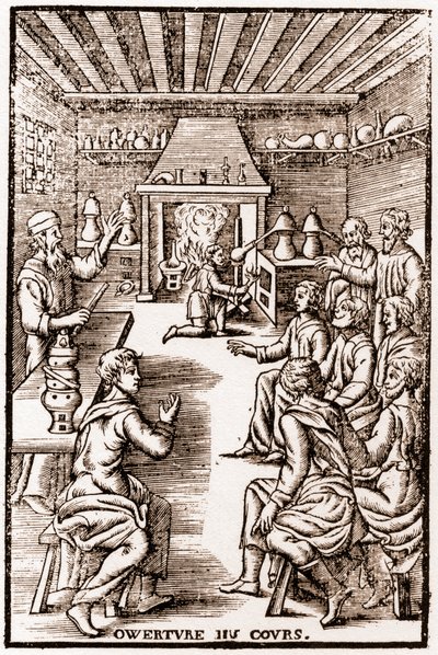 转化化学课程的开幕式--1653年安尼瓦尔-巴莱在《LE VRAY ET METHOD COURSES DE PHYSICS RESOLUTIVE》中的雕刻。 作者 法语学校