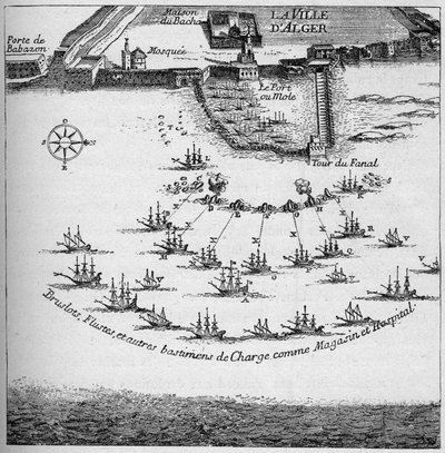 1683年攻击阿尔及尔的法国船只的命令。雕刻在 "海洋和殖民地：商业 "中 作者 法语学校
