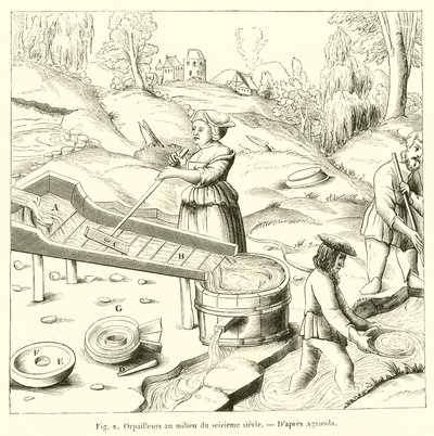 十六世纪中叶的 Goldpanners（雕刻） 作者 法语学校