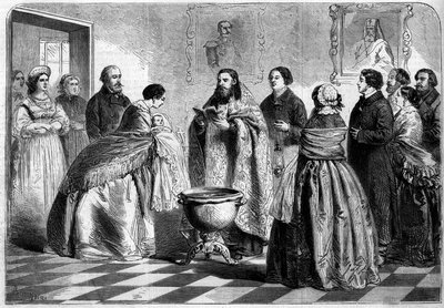 东正教仪式--洗礼：1858年在俄罗斯上层社会按照希腊仪式举行的洗礼仪式。孩子在浸入洗礼池前由其教母向教皇介绍。10月30日《世界画报》第81期上的版画。 作者 法语学校
