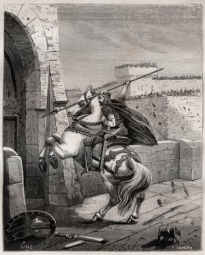 Otto II, Holy Roman Emperor before Paris - Otton II of the Holy Empire, known as the Roux (955-983) irritates not being able to penetrer in Paris (Paris headquarters, 978), advances under the walls of the city to plant his spear in the door - engraving in  作者 法语学校