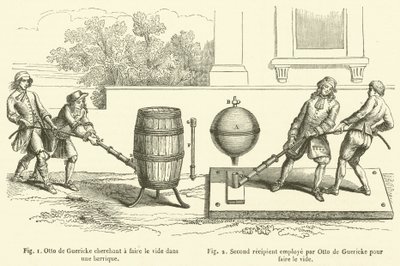 Otto de Guericke 试图在桶中创造真空，Otto de Guericke 用来创造真空的第二个接收器（雕刻） 作者 法语学校