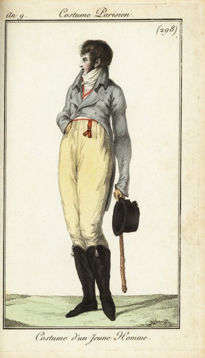 Outfit of a young man or Incroyable, May 1801 (handcoloured copperplate engraving) 作者 法语学校