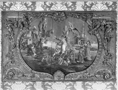 带有中文主题的过度面板，c.1730（彩色和镀金木） 作者 法语学校