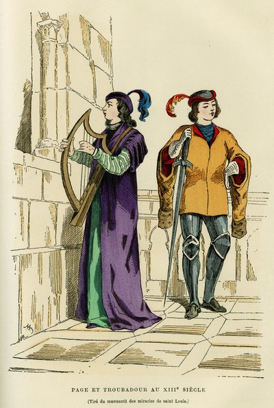 Page costumes and troubadour in the 13th century. Colour engraving after a drawing of the manuscript of the miracles of Saint Louis (Louis IX 1214-1270), in “France et les francais à travers les centuries” by Augustin Challamel, F.Roy editor, Paris 1882. S 作者 法语学校