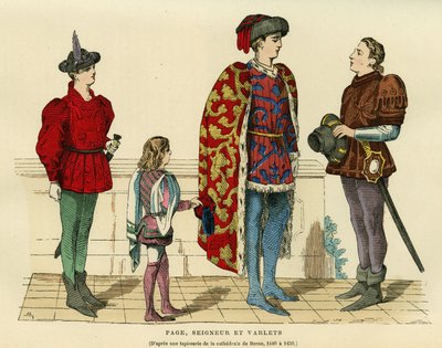 15 世纪的佩奇服饰、领主和瓦莱特。 1440-1450 年伯尔尼大教堂挂毯后的颜色雕刻，“France et les francais a travers les hours”，作者 Augustin Challamel，F.Roy 编辑，巴黎 1882。Selva 收藏。 作者 法语学校