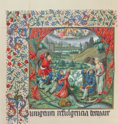 来自Missel de Jouvenel des Ursins传真版的页面，带有历史的首字母，以及15世纪巴黎和塞纳河的景色 作者 法语学校