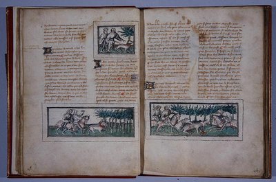 第57和58页，来自Le Livre du Roy Modus et de la Royne Racio，作者：Henri de Ferrieres，c.1420（笔和墨水，纸上写着） 作者 法语学校