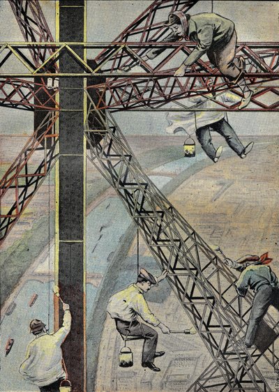 1899年，画家们在巴黎上空200米处工作，为埃菲尔铁塔作画。1899年7月16日 "Le Pelerin "上的雕刻。 作者 法语学校